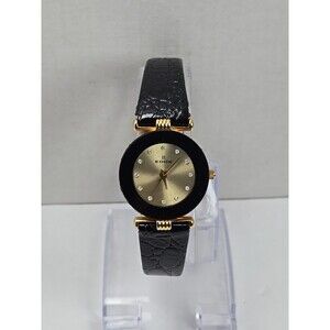 Edox Swiss Womens Vintage Dress Watch Gold Black Leather Crystal New Battery